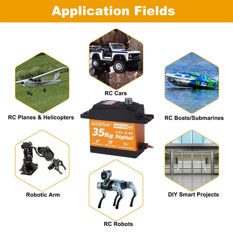 Application fields of Beefy High Torque RC Servo 35kg Waterproof Metal Gears for RC planes, cars, boats, robotics, and projects