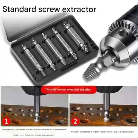 Five Piece Screw Extractor Set For Stripped And Damaged Screws And Bolts, Your Go To Easy Out Kit For DIY Home Repairs, Industrial Grade High Speed Steel, Durable And Easy To Use showing set in case with drill attachment and usage diagram.