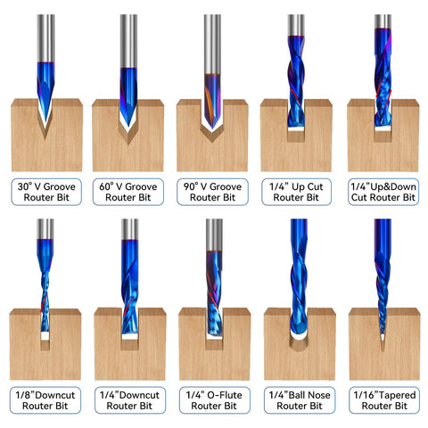 10 Piece CNC Router Bit Set One Quarter Inch Shank Pro Grade Carbide Bits For Woodworking Detailing Carving Trimming Engraving