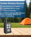 Outdoor Perimeter Alarm System For Camping And Hiking receiver on wooden table with tent in background, information displayed.