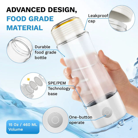 Person holding Portable Hydrogen Water Bottle With 2300ppb Molecular Hydrogen And PEM SPE Technology, showing features and design.