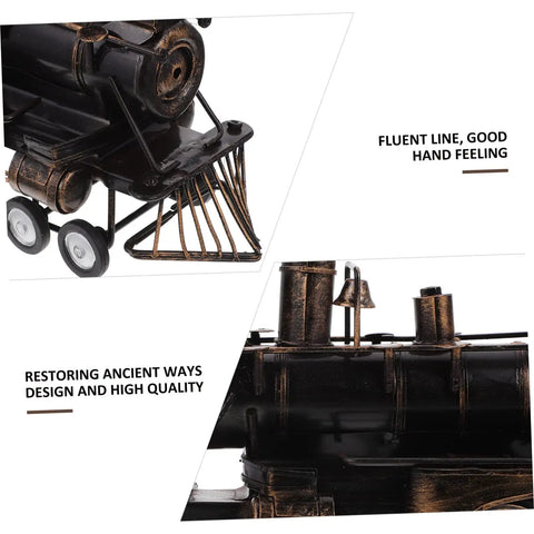 Detailed view of Vintage Steam Locomotive Model Sculpture for Desk Decor and Living Room, emphasizing craftsmanship and finish.