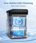Countertop Nugget Ice Maker Featuring Clear Viewing Window In Silver Finish shows self-cleaning feature for fresh ice.