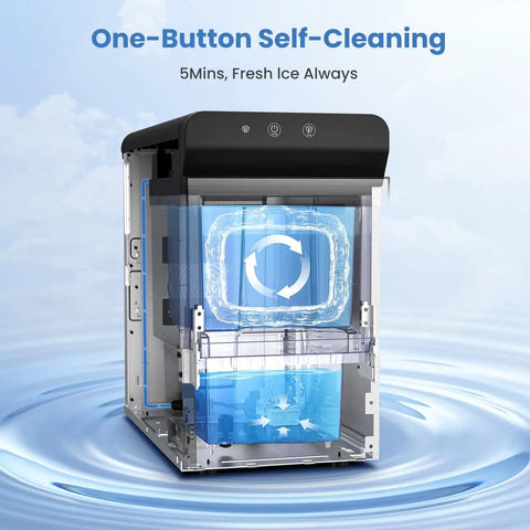 Countertop Nugget Ice Maker Featuring Clear Viewing Window In Silver Finish shows self-cleaning feature for fresh ice.