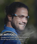 Man wearing anti fog safety glasses with UV protection and scratch resistant Z87 1 pro level eye gear for construction lab and medical use.