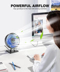 USB Desk Fan Mini Portable Personal Desktop Cooling Fan With Three Speeds, 360 Degree Rotation on a desk, black and blue