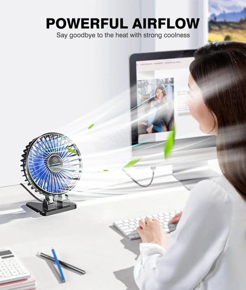 USB Desk Fan Mini Portable Personal Desktop Cooling Fan With Three Speeds, 360 Degree Rotation on a desk, black and blue