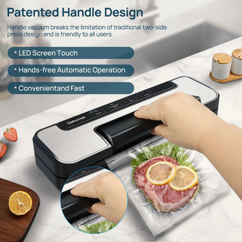 Heavy Duty Vacuum Sealer With 80Kpa Dual Pump sealing steak with lemons in kitchen, LED touch screen, and patented handle design.