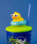 Two Pack 20 Oz Stainless Steel Tumbler With Pop Topper And Straw Interchangeable Character Topper For Your Personal Style BPA Free Insulated Cup With Leak Resistant Lid Vacation Marble Design Reusable Travel Cup featuring a duck character on the lid