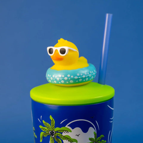 Two Pack 20 Oz Stainless Steel Tumbler With Pop Topper And Straw Interchangeable Character Topper For Your Personal Style BPA Free Insulated Cup With Leak Resistant Lid Vacation Marble Design Reusable Travel Cup featuring a duck character on the lid