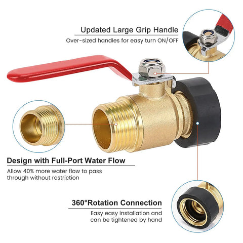 Heavy Duty Garden Hose Shut Off Valve 3/4 GHT Quick Shut Off Ball Valve with stainless steel long handle and brass body close-up