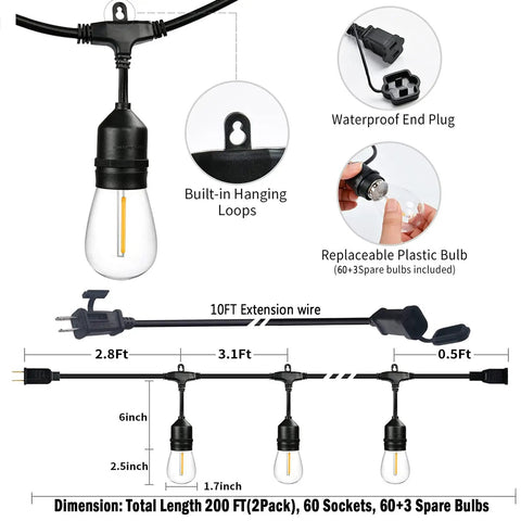 Diagram of 200 Ft Outdoor String Lights with 63 Shatterproof Edison Bulbs 2200K Warm White Waterproof Weatherproof for Patio.