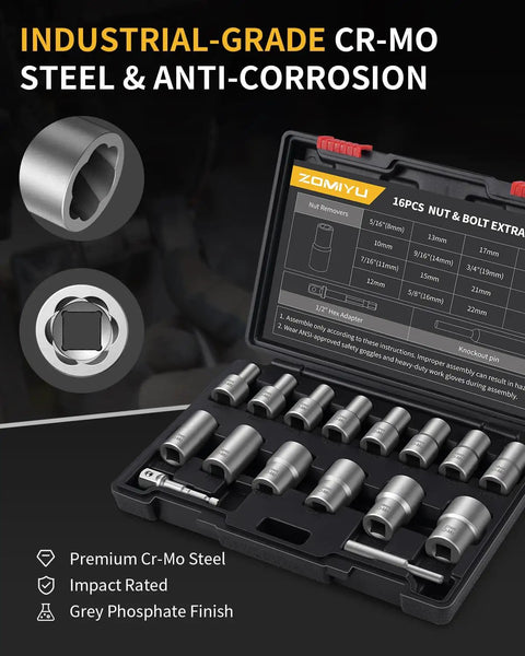 Heavy-Duty 16-Piece Bolt Extractor Kit For Half Inch Drive Impact with Cr-Mo steel in grey case, ideal for automotive repair.