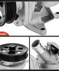 Engine Water Pump With Gasket And Pulley Fits Chevrolet Equinox Malibu Impala Colorado Camaro Traverse GMC Terrain Canyon Buick Regal Cadillac Envision Regal Sportback, close-up view showing aluminum housing with black pulley