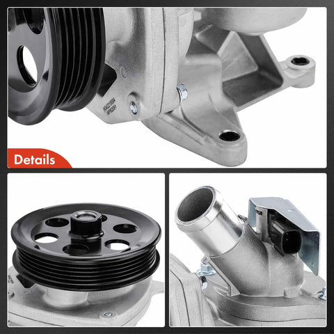 Engine Water Pump With Gasket And Pulley Fits Chevrolet Equinox Malibu Impala Colorado Camaro Traverse GMC Terrain Canyon Buick Regal Cadillac Envision Regal Sportback, close-up view showing aluminum housing with black pulley