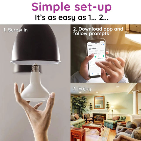 Three-step setup for Smart BR30 Flood Light Bulbs 1600 Lumens Dimmable RGBWW Color Changing LED Bulbs with WiFi Bluetooth.
