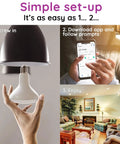 Installation steps for Smart BR30 Flood Light Bulb 13W 100W Equivalent, including screwing in the bulb, app setup, and room lighting