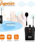 UHF Wireless Microphone System Kit Portable Pro Cordless Microphone Set with beltpack and receiver shown in use.