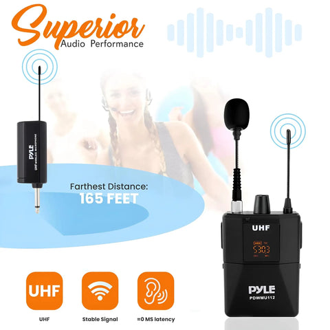UHF Wireless Microphone System Kit Portable Pro Cordless Microphone Set with beltpack and receiver shown in use.