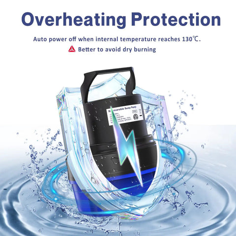 Half Horsepower Submersible Water Pump 2200 GPH Portable Sump Pump with overheating protection feature highlighted