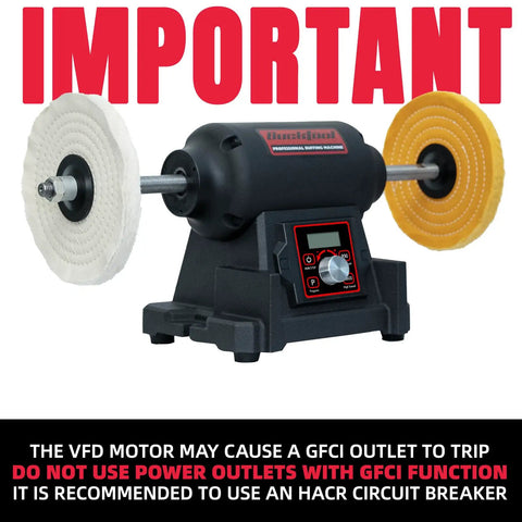 Heavy Lifter Eight Inch Benchtop Buffer Polisher With One Horsepower VFD Variable Speed Motor showing dual polishing wheels and control panel.