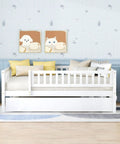 Full-Size Wood Daybed With Trundle And Fence Guardrails In White Finish, Cozy Space-Saving Roll-Out Trundle For Extra Sleep