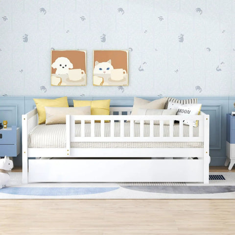 Full-Size Wood Daybed With Trundle And Fence Guardrails In White Finish, Cozy Space-Saving Roll-Out Trundle For Extra Sleep