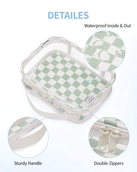 TSA Approved Clear Toiletry Bag For Carry On, Waterproof PVC Cosmetic Organizer, 7.9 by 5.9 by 2.4 Inches, mint green checkerboard design