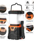 Detailed view of Ultra Bright LED Camping Lantern Rechargeable 1000LM with 5 Lighting Modes showing solar panel, buttons, and ports.