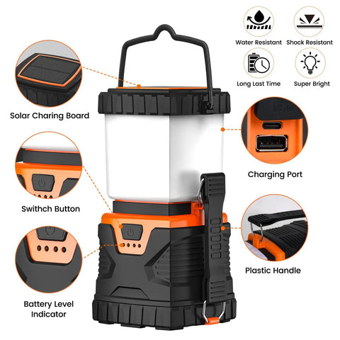 Detailed view of Ultra Bright LED Camping Lantern Rechargeable 1000LM with 5 Lighting Modes showing solar panel, buttons, and ports.
