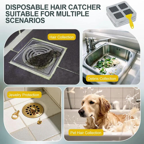 Ditch Sneaky Drain Clogs Now With These Heavy Duty Disposable Hair Catcher Stickers acting as a fast self adhesive mesh filter screen for bathroom sinks, tubs, showers, and laundry rooms.