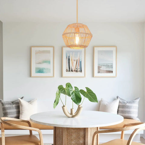 Rattan Pendant Light Fixture With Woven Abaca Rope Shade, Boho Chandelier Hanging Lamp, Natural Wood Gold Finish Accent for Bedroom, Dining Room, Kitchen Island, Entryway
