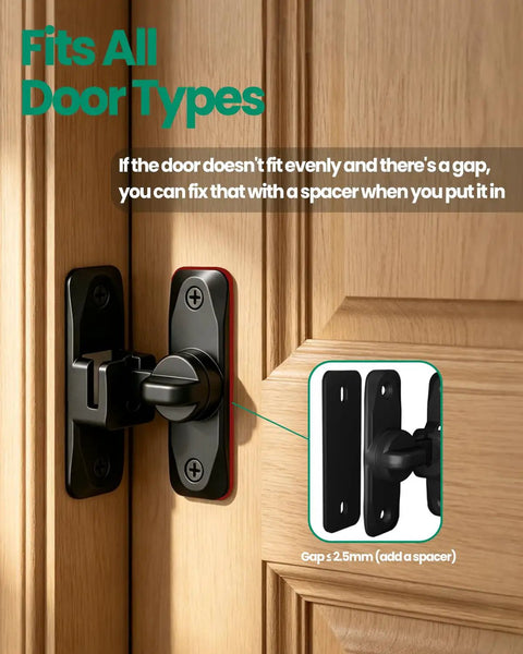 Barn Door Lock and Latche: 90/180 Degree Barn Door Lock mounted on wood door with spacer detail, zinc-alloy durable construction.