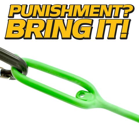 Close-up of green metal hook with text 'Punishment? Bring It!'
