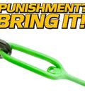 Close-up of a green heavy-duty hydraulic quick coupler dust cap with bold text 'PUNISHMENT? BRING IT'.
