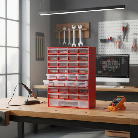 Industrial 33 Drawer Storage Cabinet With Removable Dividers And Transparent Polypropylene Drawers For Workshop Tools And Household Hardware Organization Shop Ready Garage Grade Heavy Duty Tool Chest And Customizable Small Parts Organizer on workbench