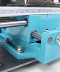 Close-up of the Compact Mini Metal Lathe And Wood Beads Machine with blue aluminum components and adjustable metal rail.
