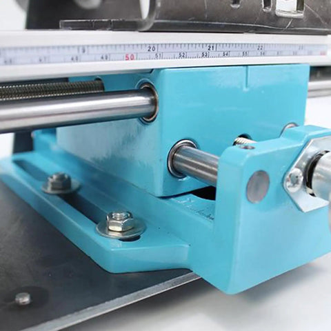 Close-up of the Compact Mini Metal Lathe And Wood Beads Machine with blue aluminum components and adjustable metal rail.