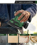 Green Detail Sander 13000 RPM Palm Sander 1.6A With Quick Change Sanding Pad in use on metal surface, showing dust collection box