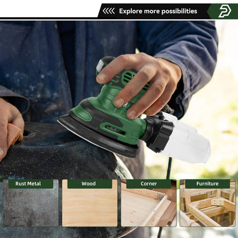 Green Detail Sander 13000 RPM Palm Sander 1.6A With Quick Change Sanding Pad in use on metal surface, showing dust collection box