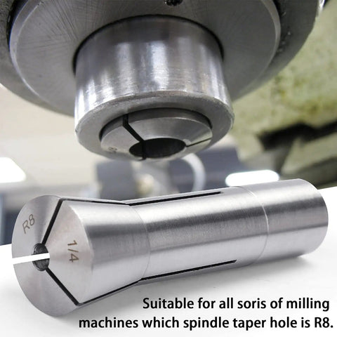 R8 collet set for milling machines showing 1/4 inch size and spindle compatibility, 13 Piece R8 Collet Set For Milling Machines 1/8 To 7/8 Inch Pro Grade Mill Chuck Holder For Bridgeport Spindle 65Mn Material.0006 Tolerance And 55 60 HRC Clamp Hardness