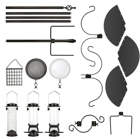 Components of Six Hook Bird Feeding Station With Steel Multi Feeder Stand Four Feeders Bird Bath Mesh Tray And Squirrel Guard Baffle
