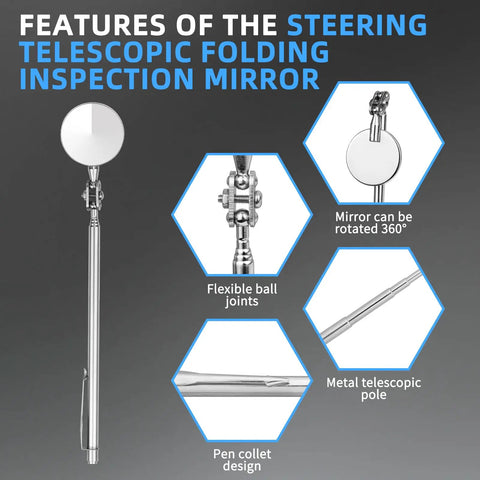 Telescopic Inspection Mirror For Car Maintenance Portable Folding Steering Mirror Chassis Weld Inspection Stainless Steel And Glass One Point Two Inch Mirror 360 Degree Swivel Joint Handy Auto Repair Tool Must Have, telescoping metal pole