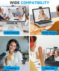 Plug And Play 4K Webcam Delivers Pristine Video Clarity And Smooth Audio For Stress Free Streaming Rock Solid Compatibility. Collage of online meetings, teaching, streaming, and video calls.