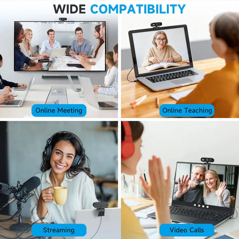 Plug And Play 4K Webcam Delivers Pristine Video Clarity And Smooth Audio For Stress Free Streaming Rock Solid Compatibility. Collage of online meetings, teaching, streaming, and video calls.
