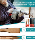 Worker using six piece SDS Plus rotary hammer drill bits and chisel set on concrete. Includes drill, bits, chisels, in action.
