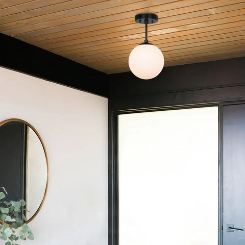 Semi Flush Ceiling Light With Globe White Glass Shade In Dope Matte Black Finish, 1 Light Modern Fixture For Living Room