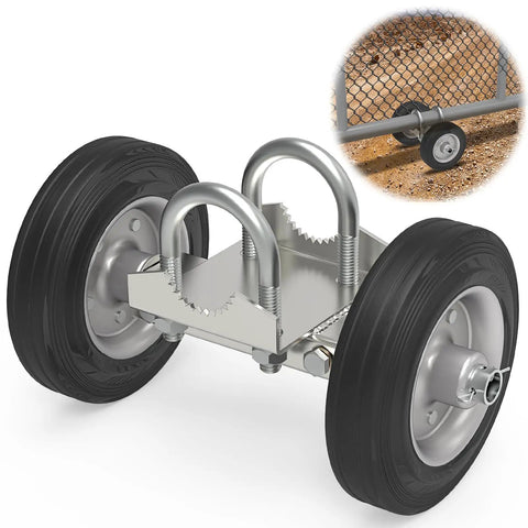 Six Inch Rolling Gate Wheel For Chain Link Fences And Sliding Gates Heavy Duty Steel Wheel With Two Rubber Wheels attached to a gate