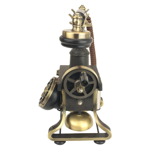 Side view of Vintage Eiffel Tower Style Rotary Phone With Push Button Dialing, metal and plastic, retro home decor.