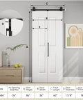36 By 84 Inch Bifold Barn Door With Classic Raised Two Panel Design on sliding track beside furniture, perfect for closets.